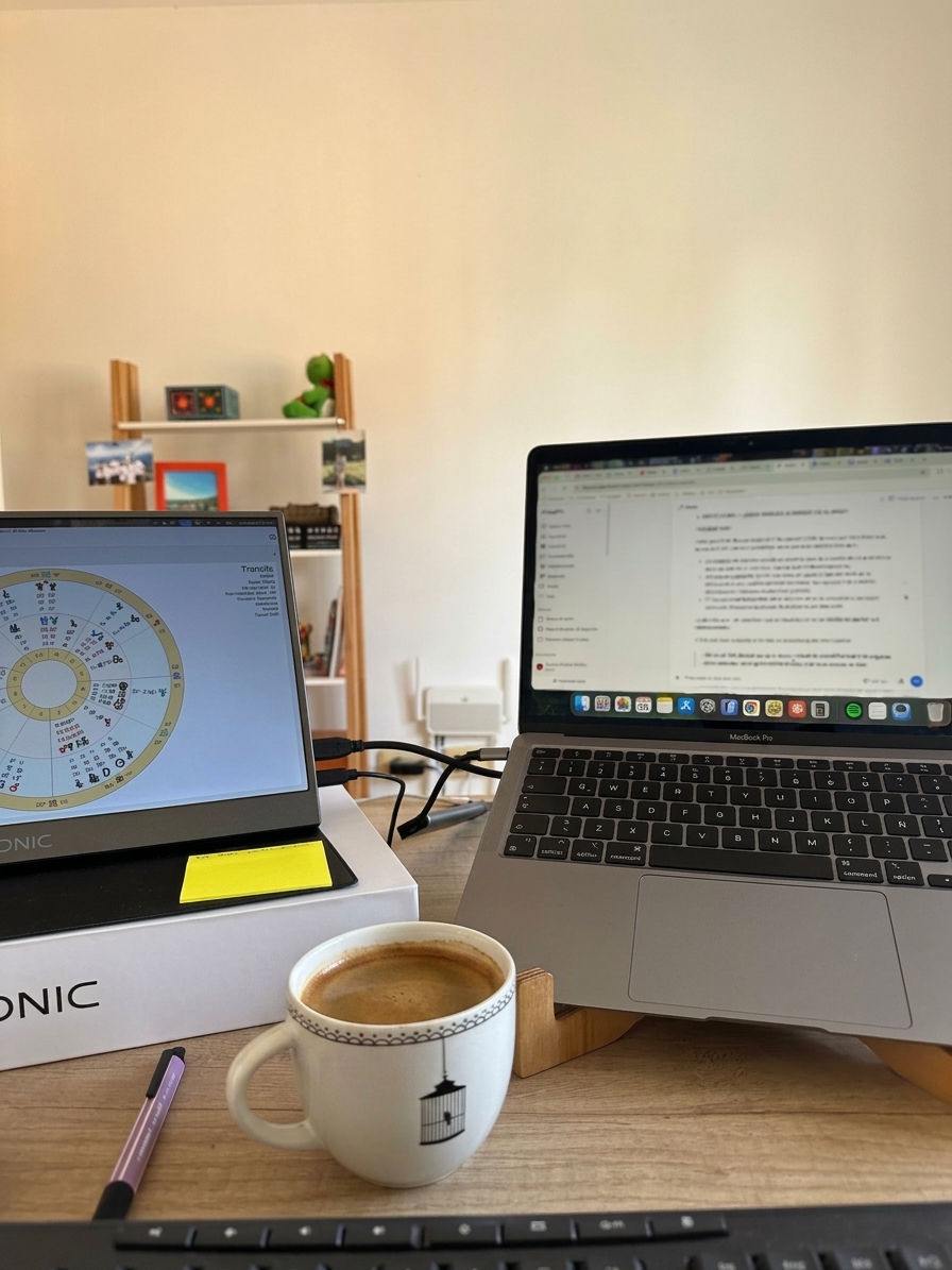 Escritorio de trabajo con dos laptops: una con una carta astrológica en pantalla y otra con notas de sesión